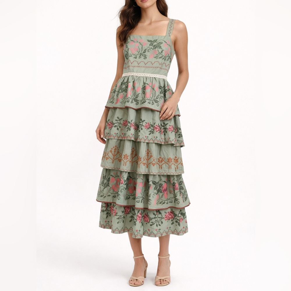 Cider Sage Green Tiered Maxi Dress with Pink Floral Embroidery